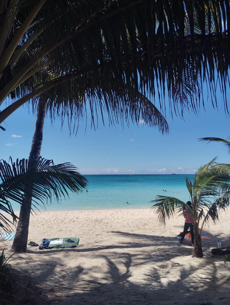 Palm-shaded sand overlooking clear blue water in Boracay