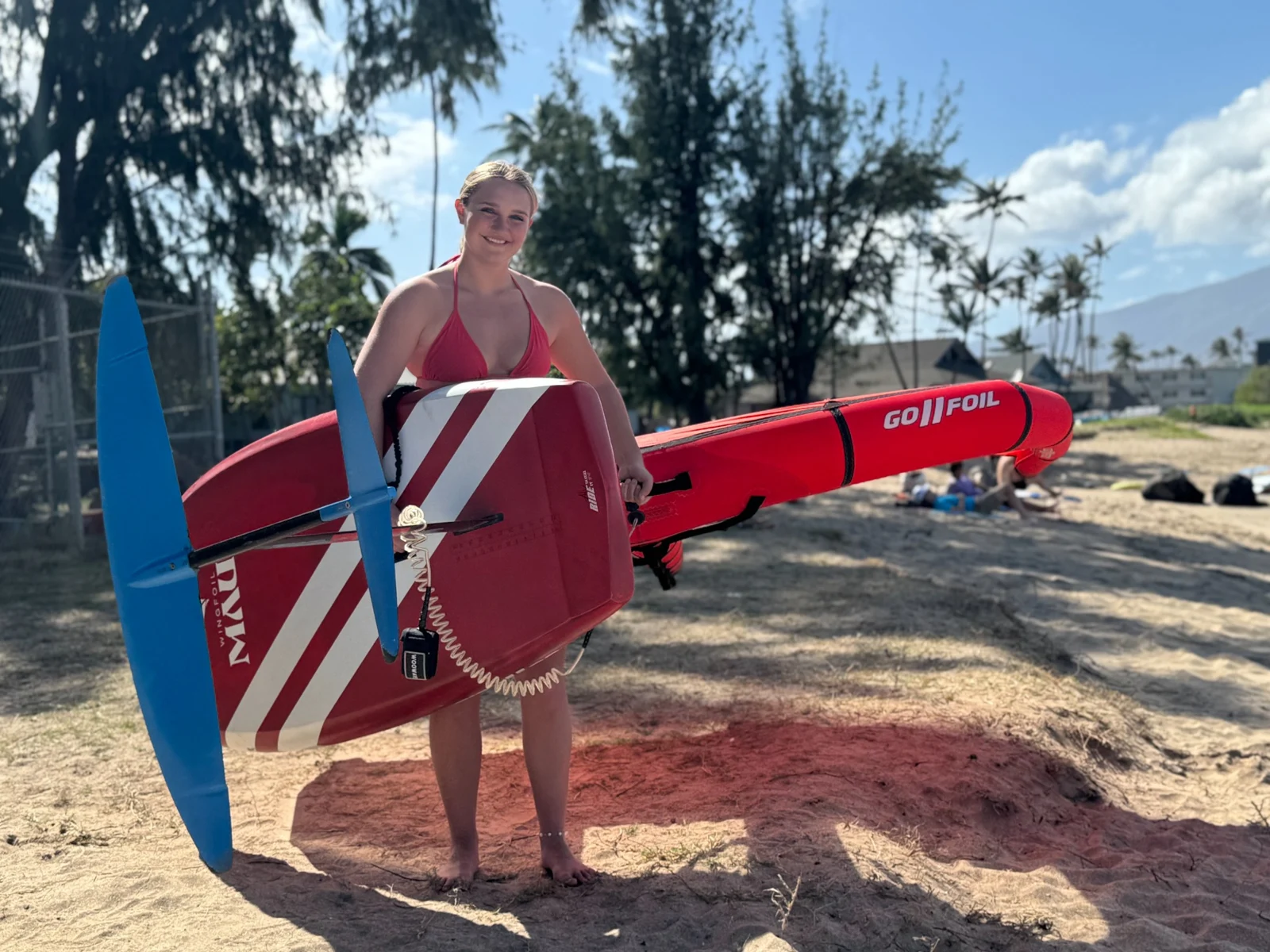 Rider carrying a foil board and red wing on shore