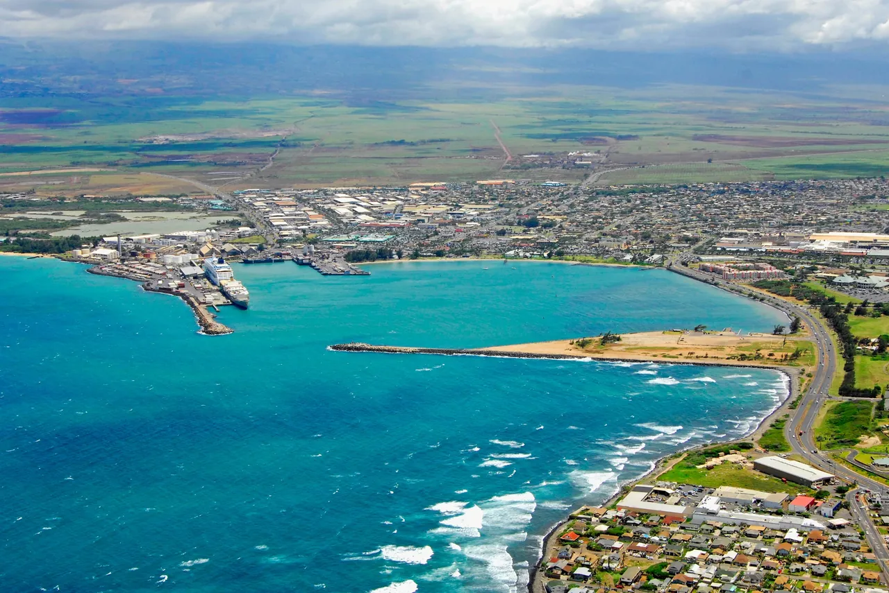 Aerial view of Kahului Harbor and its breakwaters on Maui