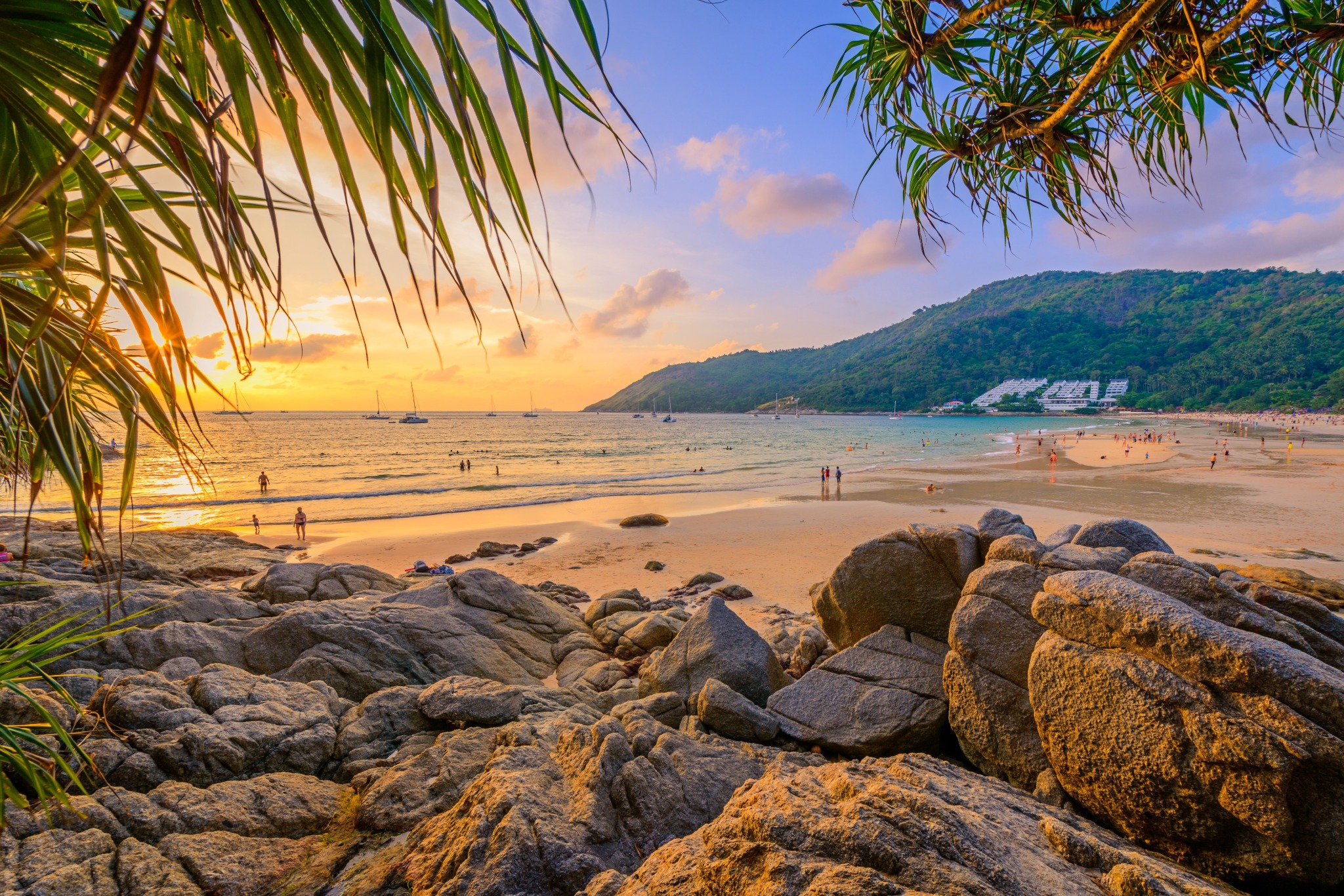 Nai Harn Beach at sunset, with rocks and palms in the foreground