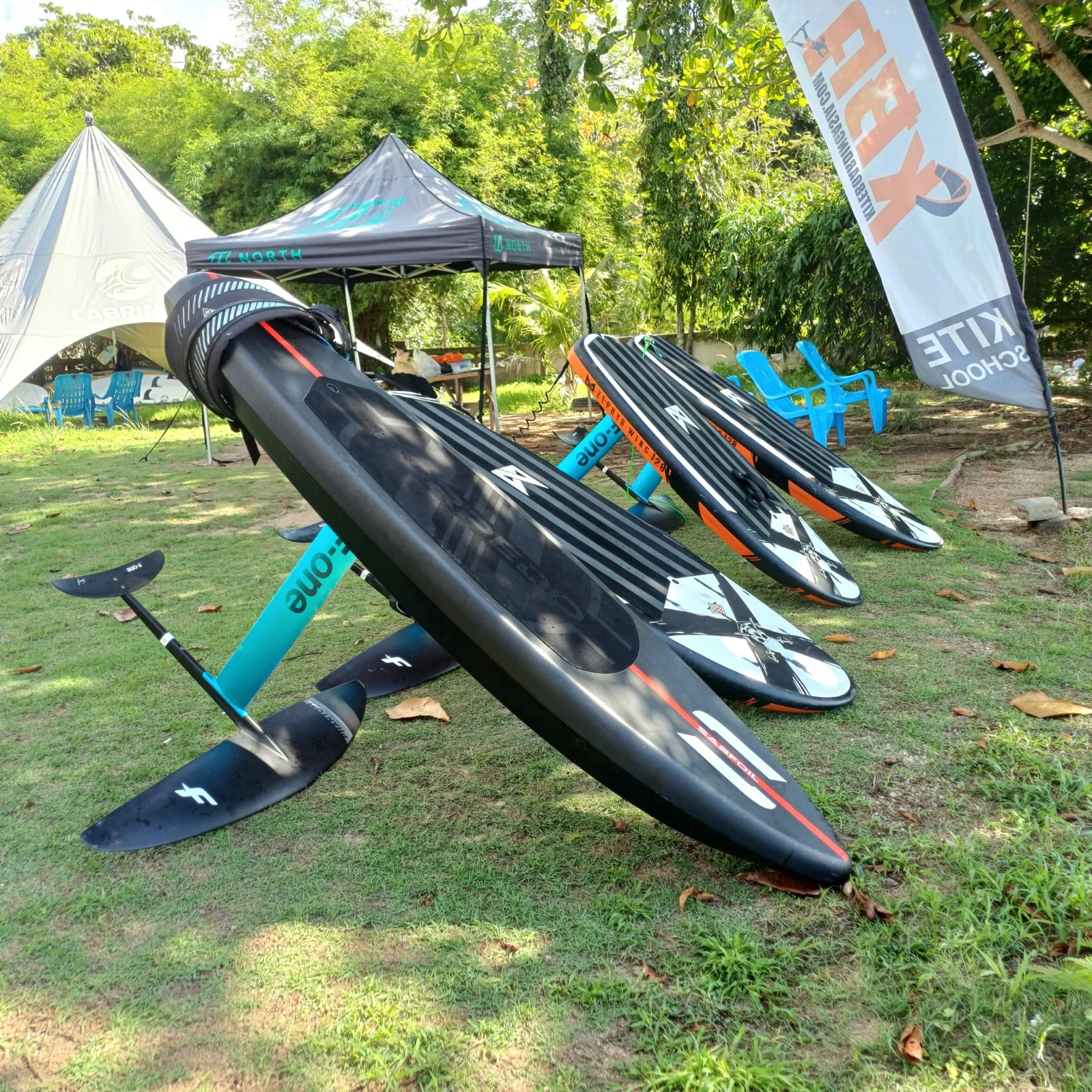 Foil boards lined up at the KBA watersports center